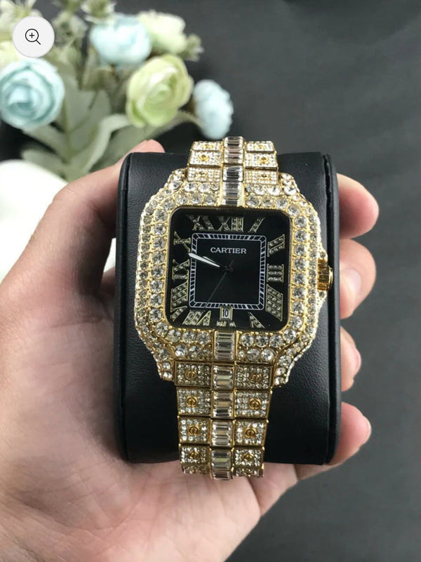 Cartier  Black Dial Men Iced Stone Watch