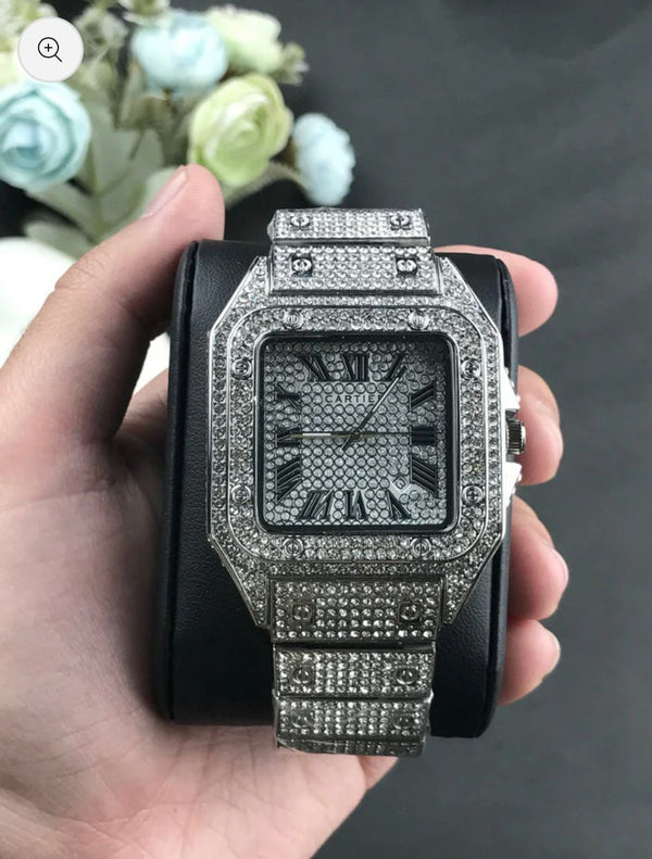 Cartier Men Iced Stone Silver Watch