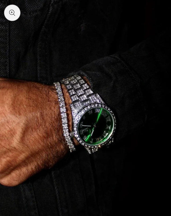 SILVER ICED OUT ROLLIES - GREEN DIAL